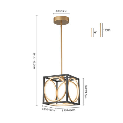 Modern Black Gold Square Dimmable LED Pendant Light Fixture, Adjustable Rods, Integrated