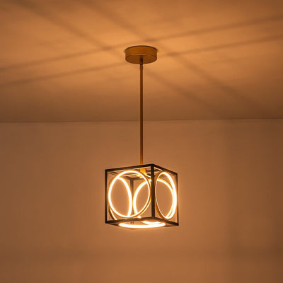 Modern Black Gold Square Dimmable LED Pendant Light Fixture, Adjustable Rods, Integrated