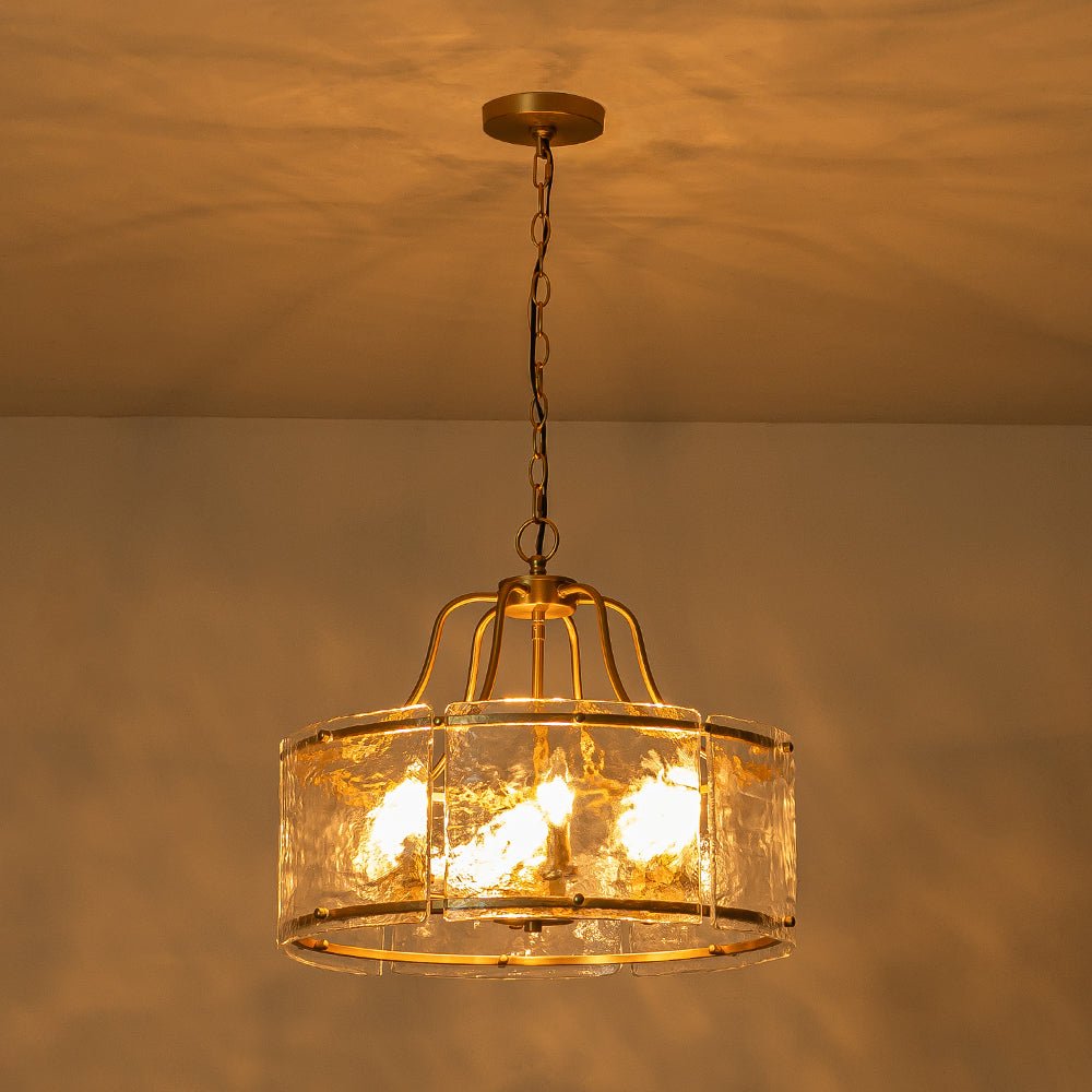Modern Brass 6-Light Rippled Glass Drum Pendant Chandelier for Dining Room