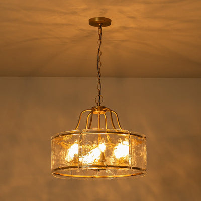 Modern Brass 6-Light Rippled Glass Drum Pendant Chandelier for Dining Room