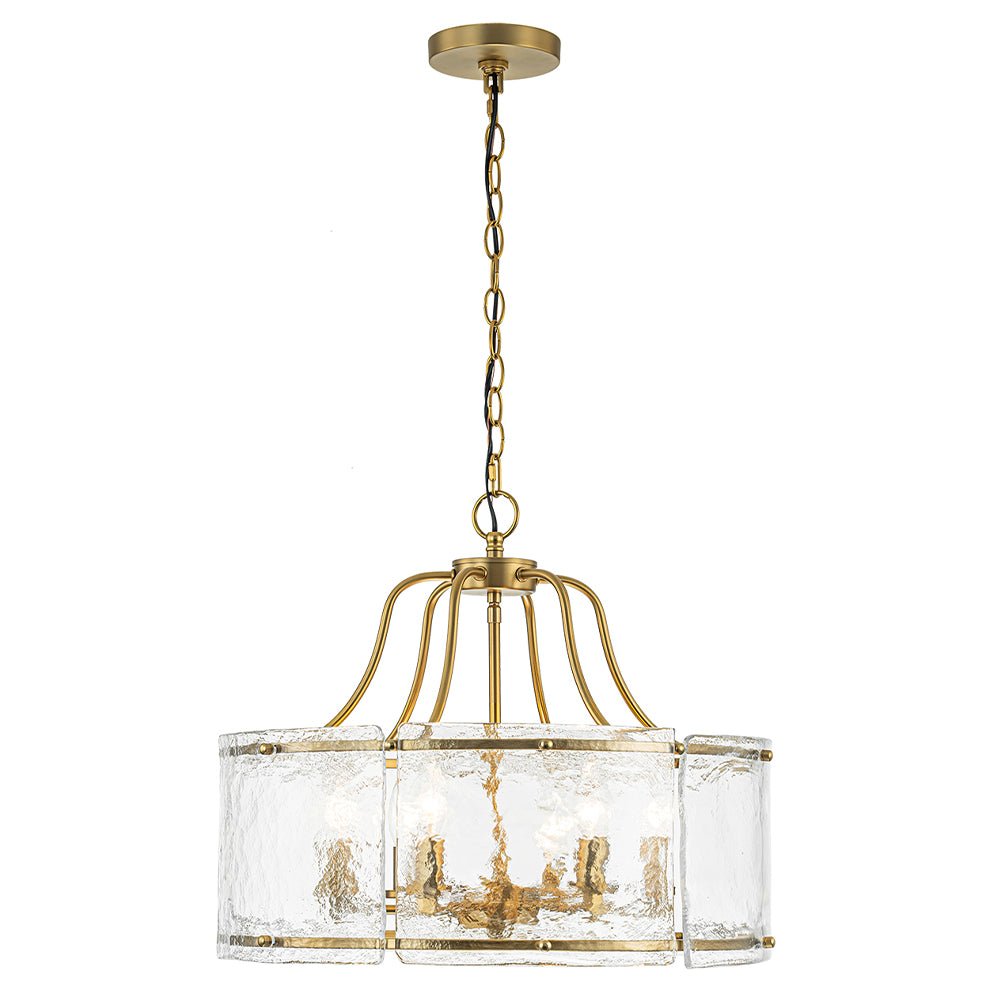 Modern Brass 6-Light Rippled Glass Drum Pendant Chandelier for Dining Room