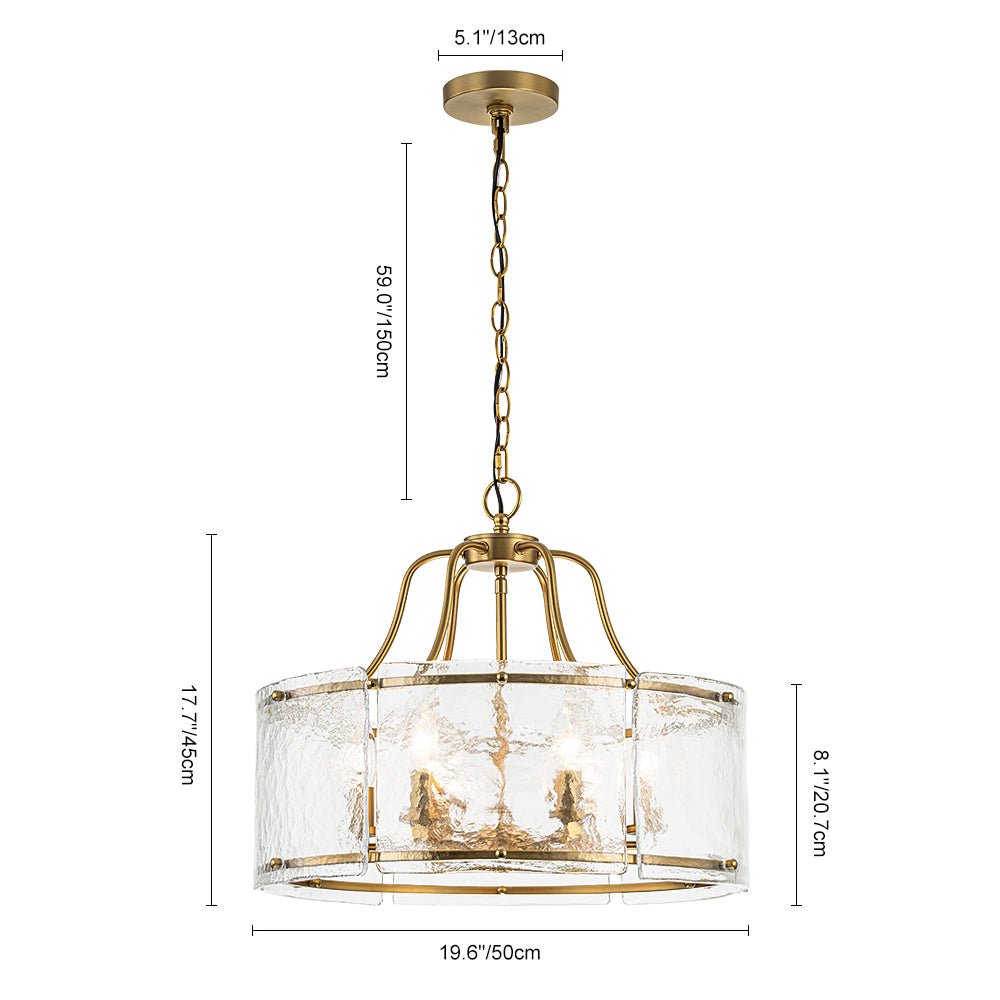 Modern Brass 6-Light Rippled Glass Drum Pendant Chandelier for Dining Room