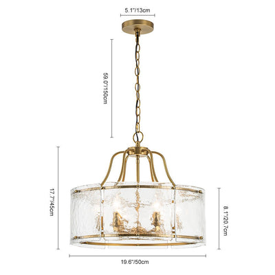 Modern Brass 6-Light Rippled Glass Drum Pendant Chandelier for Dining Room