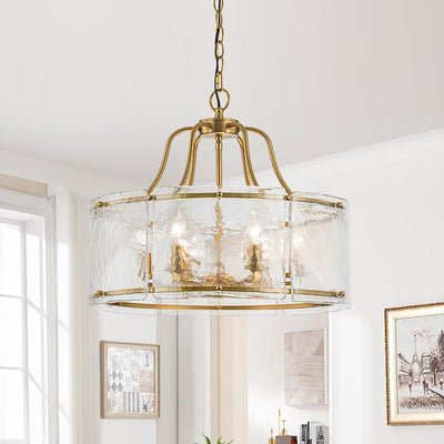 Modern Brass 6-Light Rippled Glass Drum Pendant Chandelier for Dining Room
