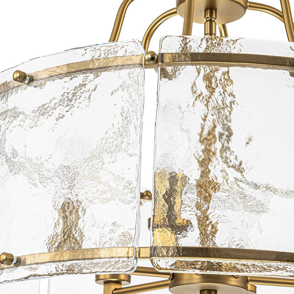 Modern Brass 6-Light Rippled Glass Drum Pendant Chandelier for Dining Room