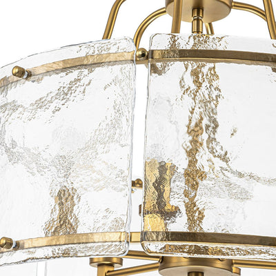 Modern Brass 6-Light Rippled Glass Drum Pendant Chandelier for Dining Room