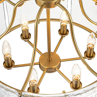 Modern Brass 6-Light Rippled Glass Drum Pendant Chandelier for Dining Room