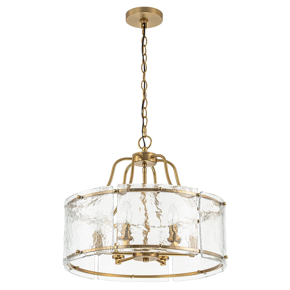 Modern Brass 6-Light Rippled Glass Drum Pendant Chandelier for Dining Room