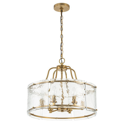 Modern Brass 6-Light Rippled Glass Drum Pendant Chandelier for Dining Room