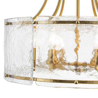 Modern Brass 6-Light Rippled Glass Drum Pendant Chandelier for Dining Room
