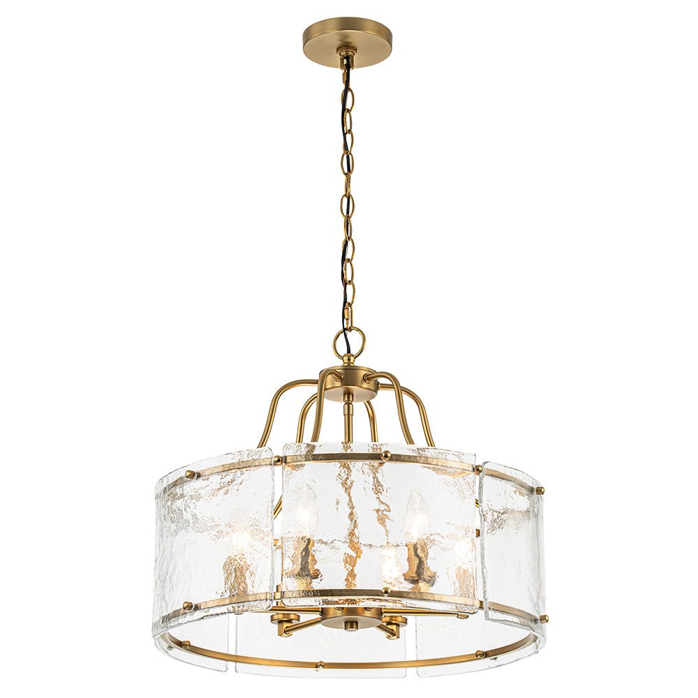 Modern Brass 6-Light Rippled Glass Drum Pendant Chandelier for Dining Room