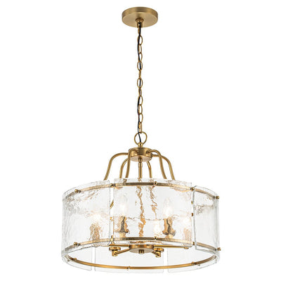 Modern Brass 6-Light Rippled Glass Drum Pendant Chandelier for Dining Room