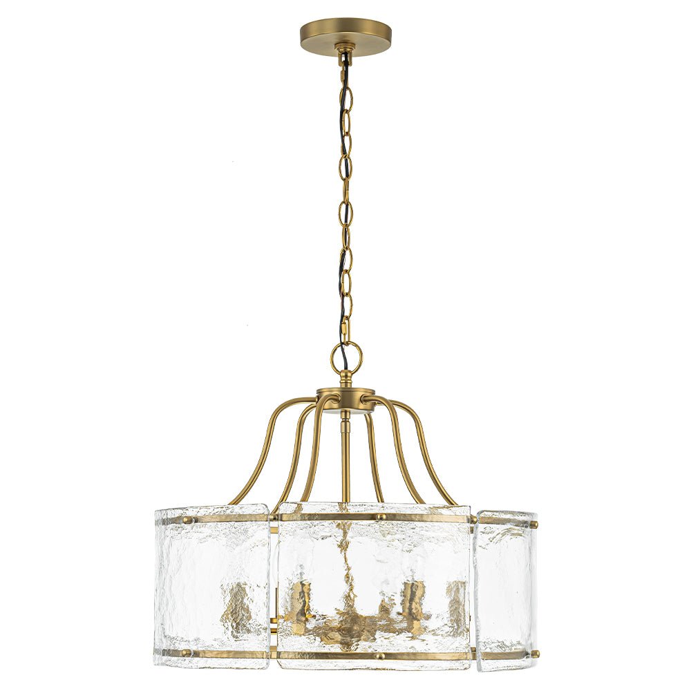 Modern Brass 6-Light Rippled Glass Drum Pendant Chandelier for Dining Room