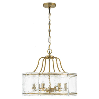 Modern Brass 6-Light Rippled Glass Drum Pendant Chandelier for Dining Room