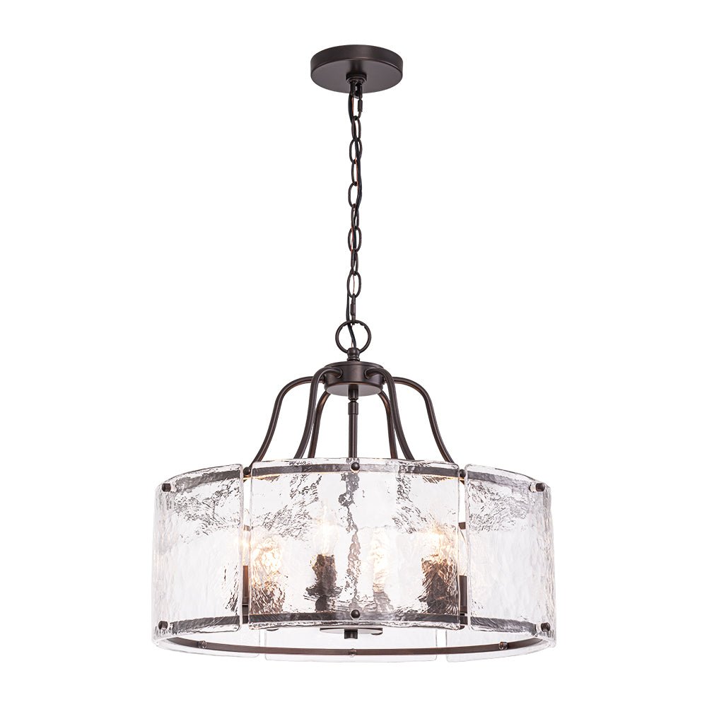 Modern Brass 6-Light Rippled Glass Drum Pendant Chandelier for Dining Room