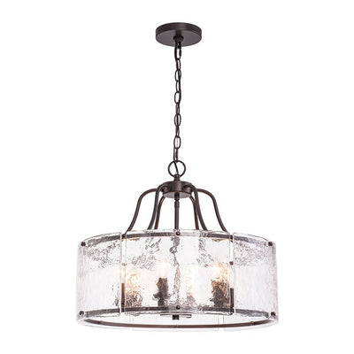 Modern Brass 6-Light Rippled Glass Drum Pendant Chandelier for Dining Room