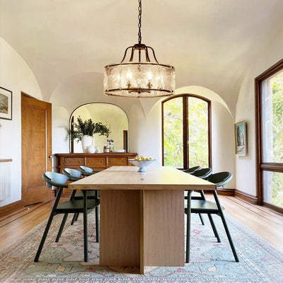 Modern Brass 6-Light Rippled Glass Drum Pendant Chandelier for Dining Room