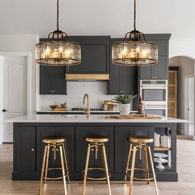 Modern Brass 6-Light Rippled Glass Drum Pendant Chandelier for Dining Room