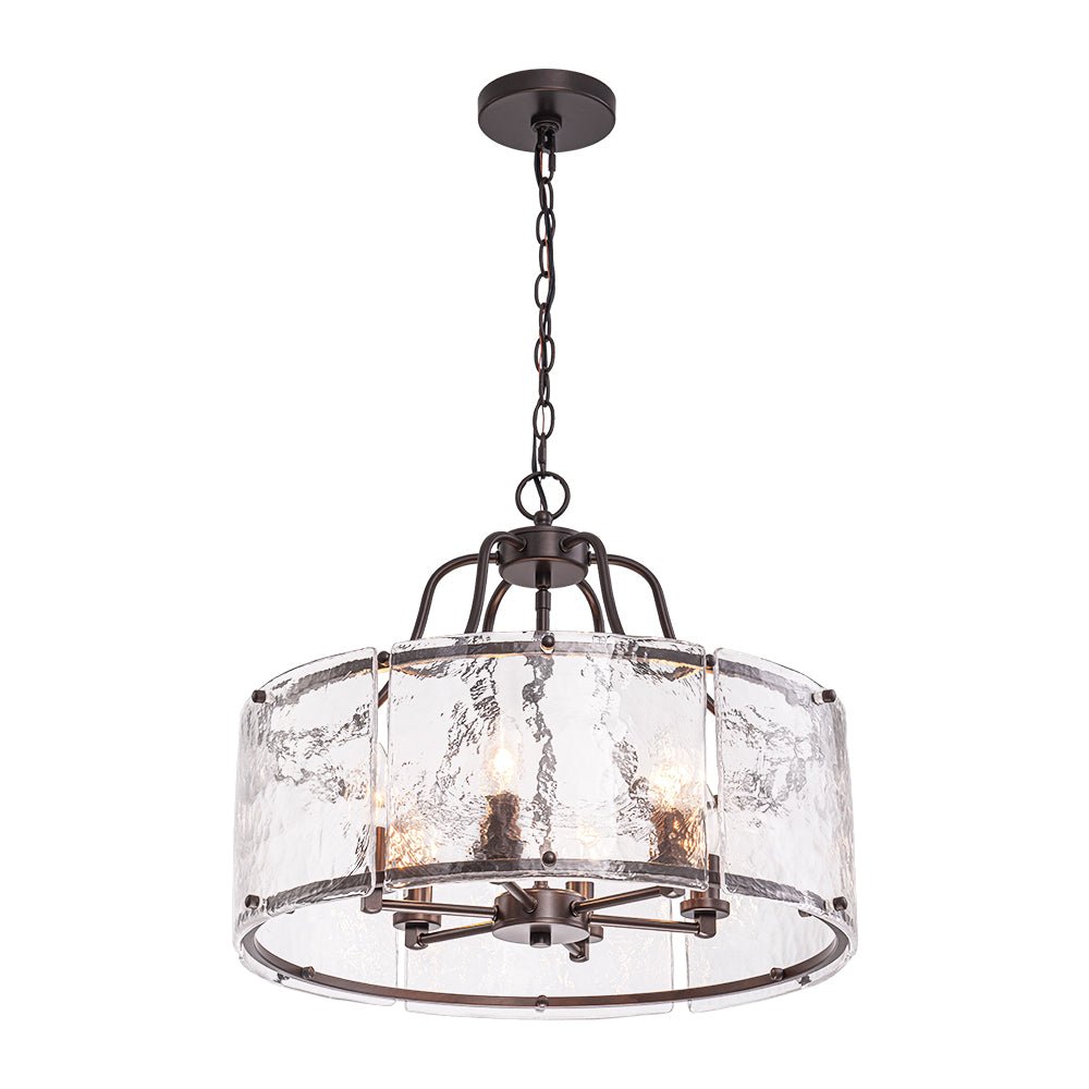 Modern Brass 6-Light Rippled Glass Drum Pendant Chandelier for Dining Room
