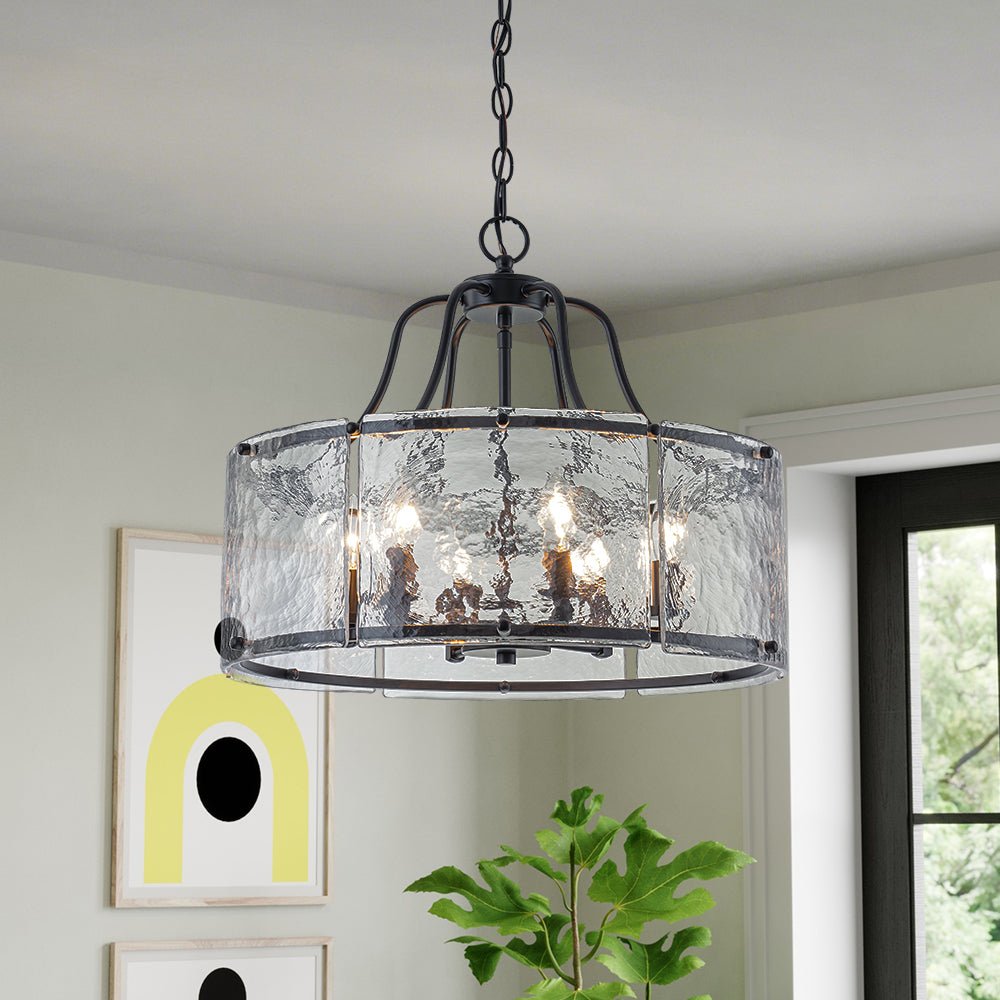 Modern Brass 6-Light Rippled Glass Drum Pendant Chandelier for Dining Room