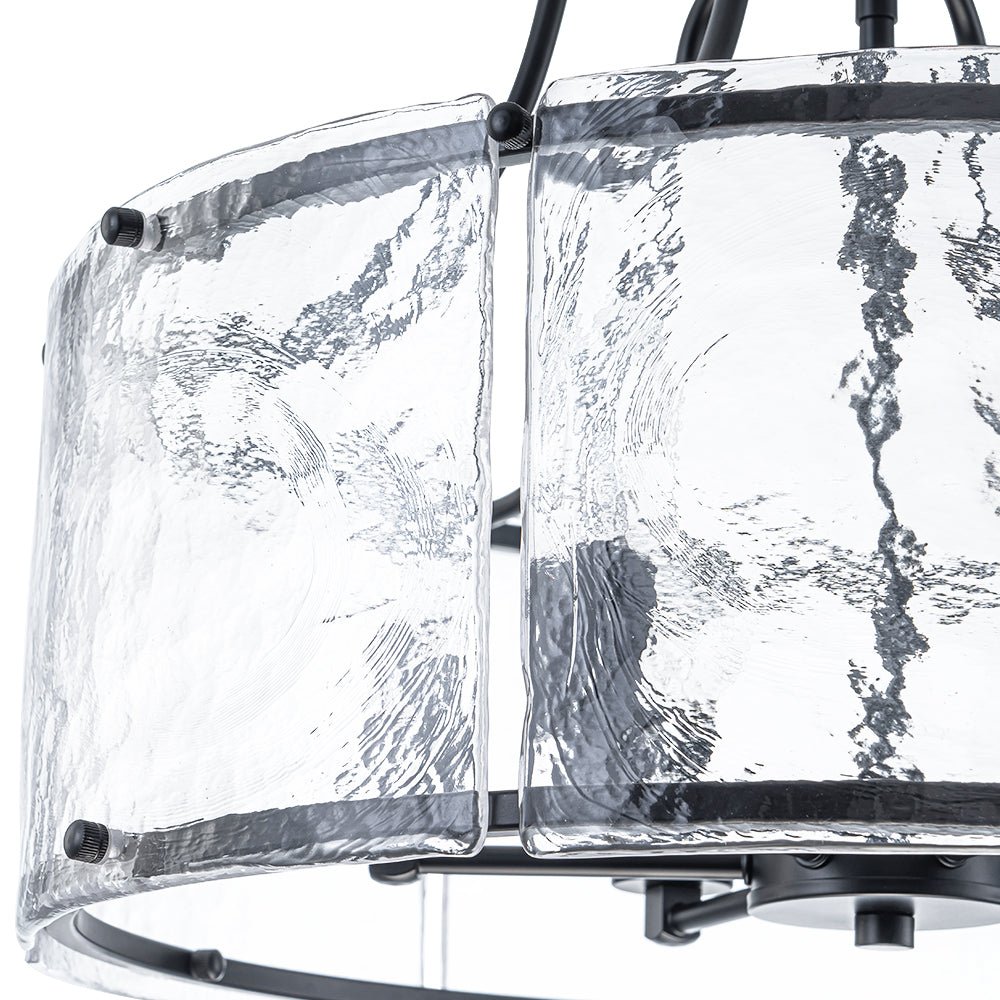 Modern Brass 6-Light Rippled Glass Drum Pendant Chandelier for Dining Room
