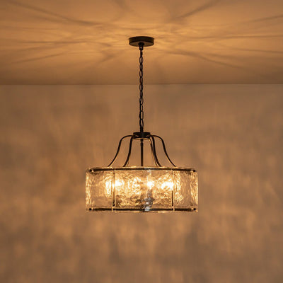 Modern Brass 6-Light Rippled Glass Drum Pendant Chandelier for Dining Room