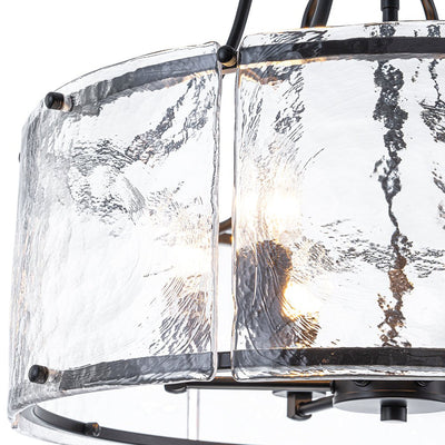 Modern Brass 6-Light Rippled Glass Drum Pendant Chandelier for Dining Room