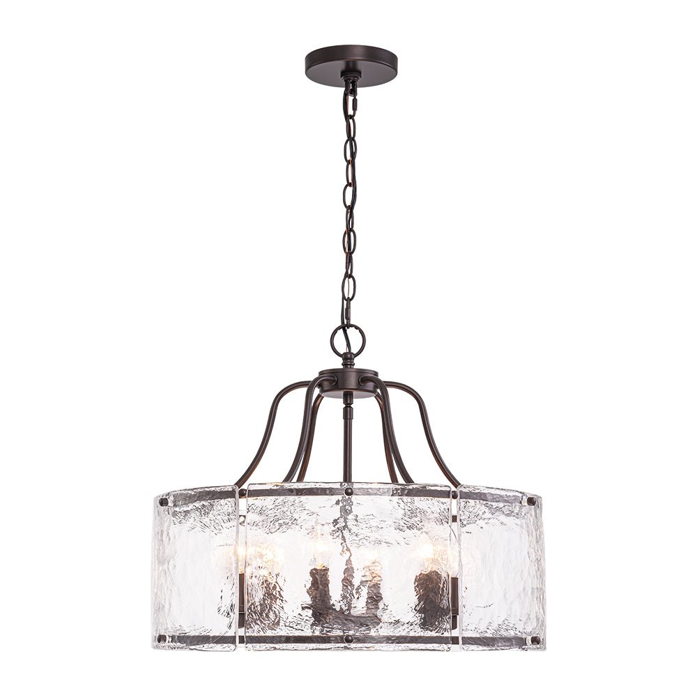 Modern Brass 6-Light Rippled Glass Drum Pendant Chandelier for Dining Room