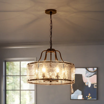 Modern Brass 6-Light Rippled Glass Drum Pendant Chandelier for Dining Room