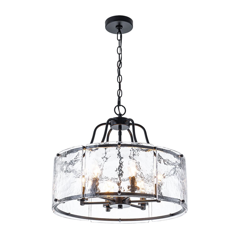 Modern Brass 6-Light Rippled Glass Drum Pendant Chandelier for Dining Room