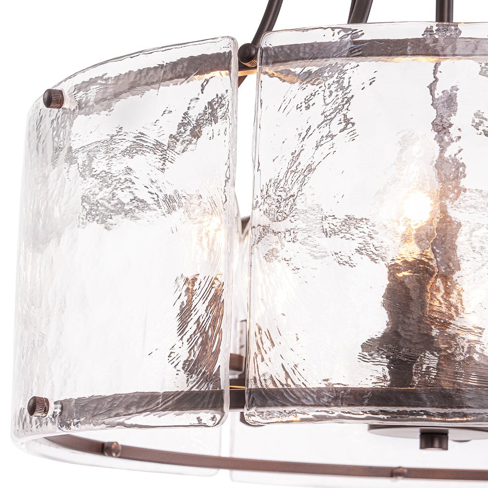 Modern Brass 6-Light Rippled Glass Drum Pendant Chandelier for Dining Room