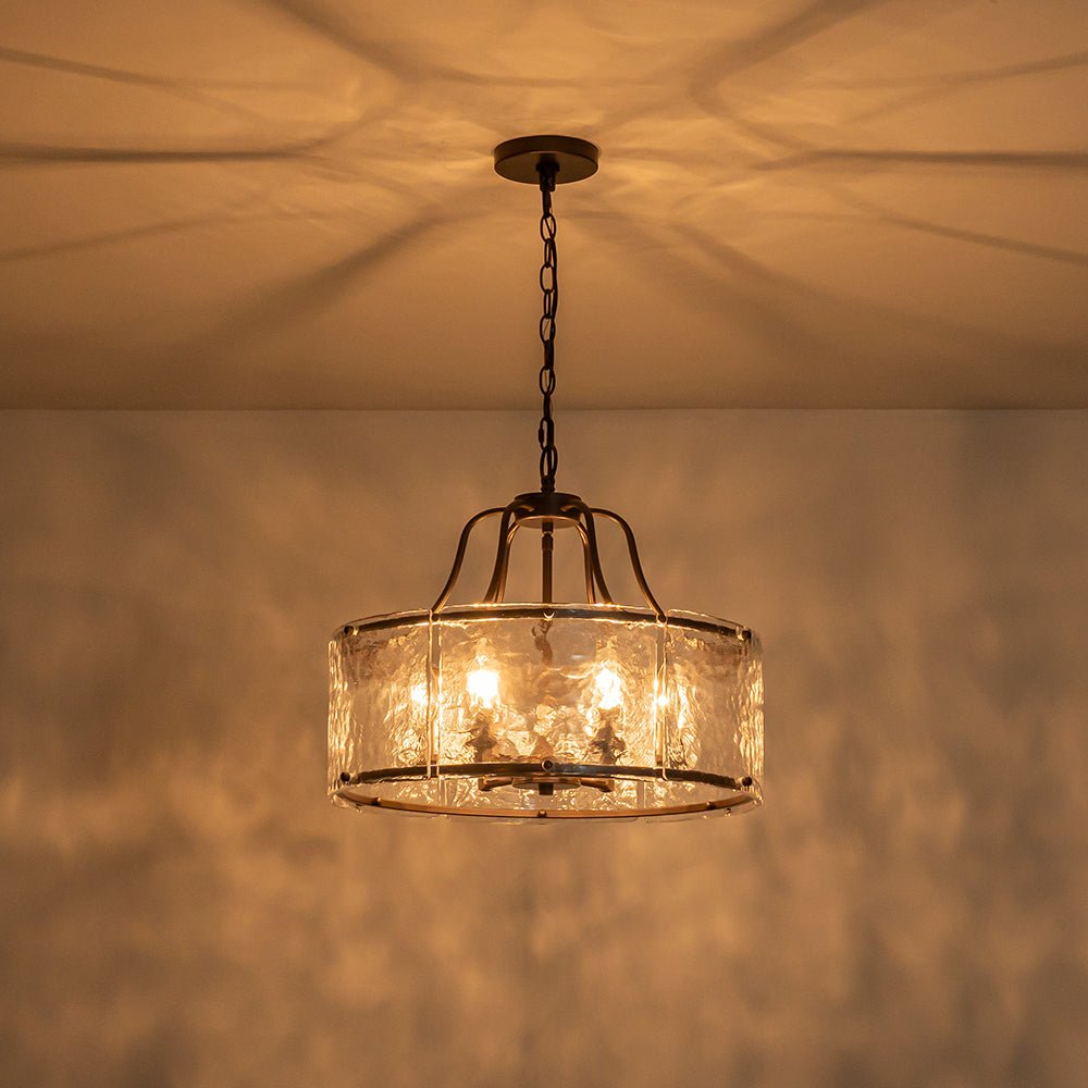 Modern Brass 6-Light Rippled Glass Drum Pendant Chandelier for Dining Room