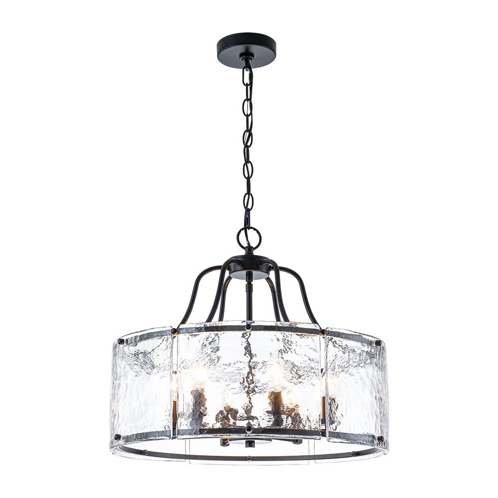 Modern Brass 6-Light Rippled Glass Drum Pendant Chandelier for Dining Room