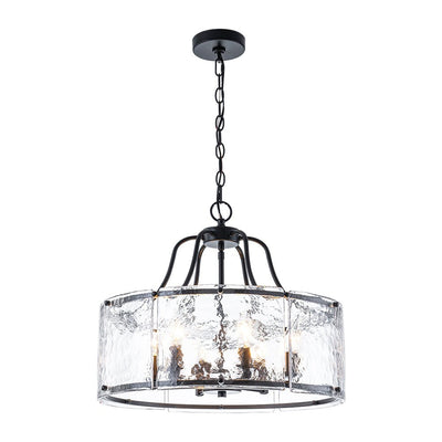 Modern Brass 6-Light Rippled Glass Drum Pendant Chandelier for Dining Room