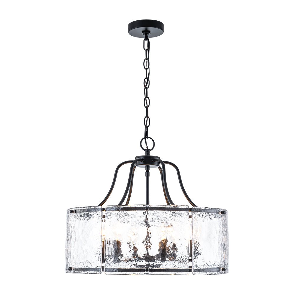 Modern Brass 6-Light Rippled Glass Drum Pendant Chandelier for Dining Room