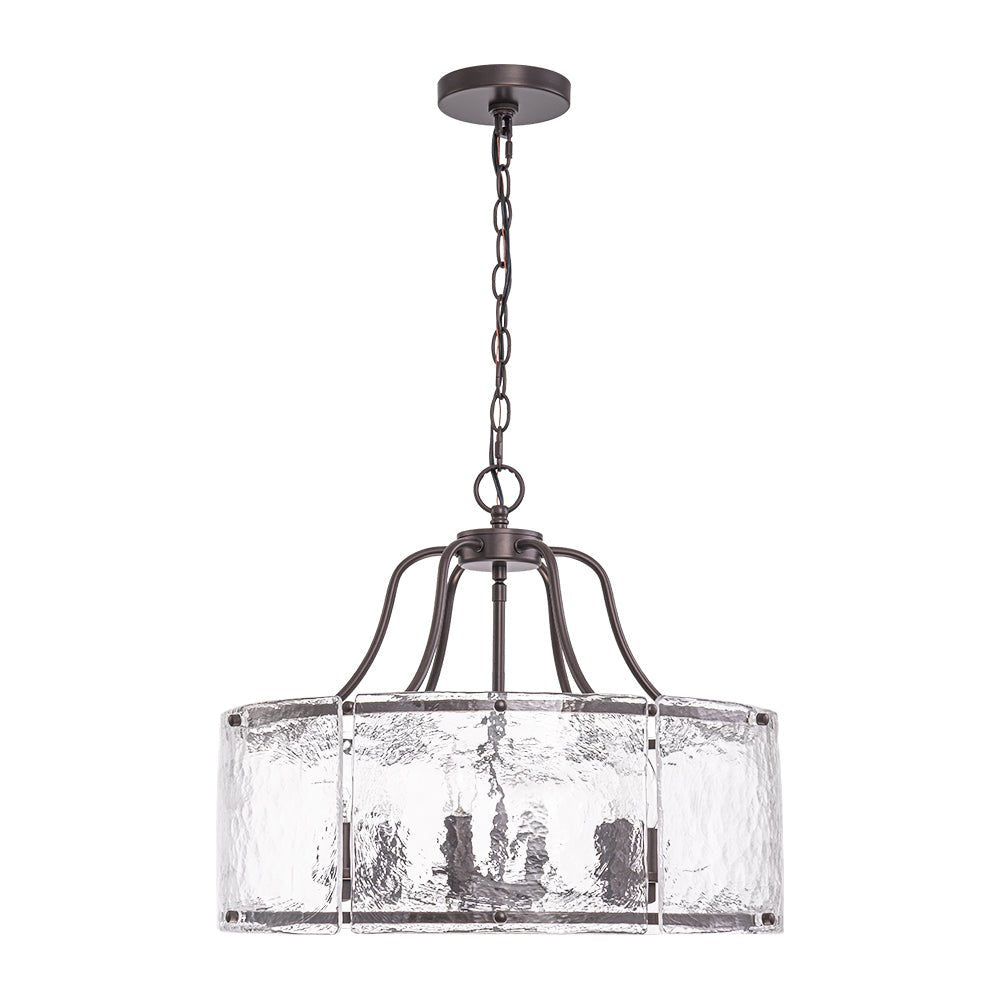 Modern Brass 6-Light Rippled Glass Drum Pendant Chandelier for Dining Room