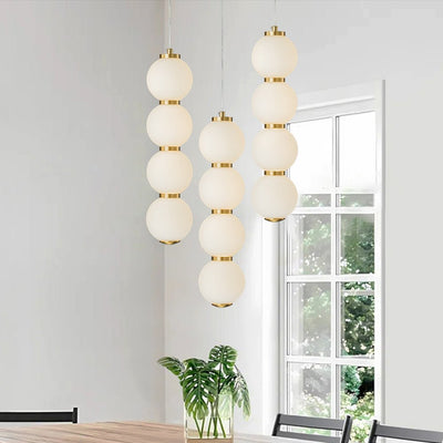 Modern Brass 4-Sphere Abacus LED Pendant Light: Dimmable, Height-Adjustable, Frosted Glass