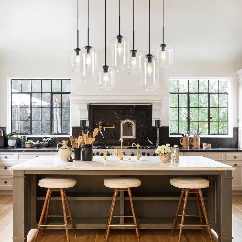 Elegant 7-Light Modern Cluster Pendant Chandelier with Hand-Blown Clear Glass Shades