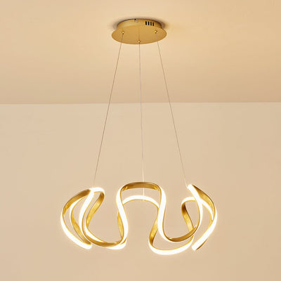 Modern Dimmable LED Curvy Loop Pendant Light, Adjustable Height Ribbon Design, Gold/Black