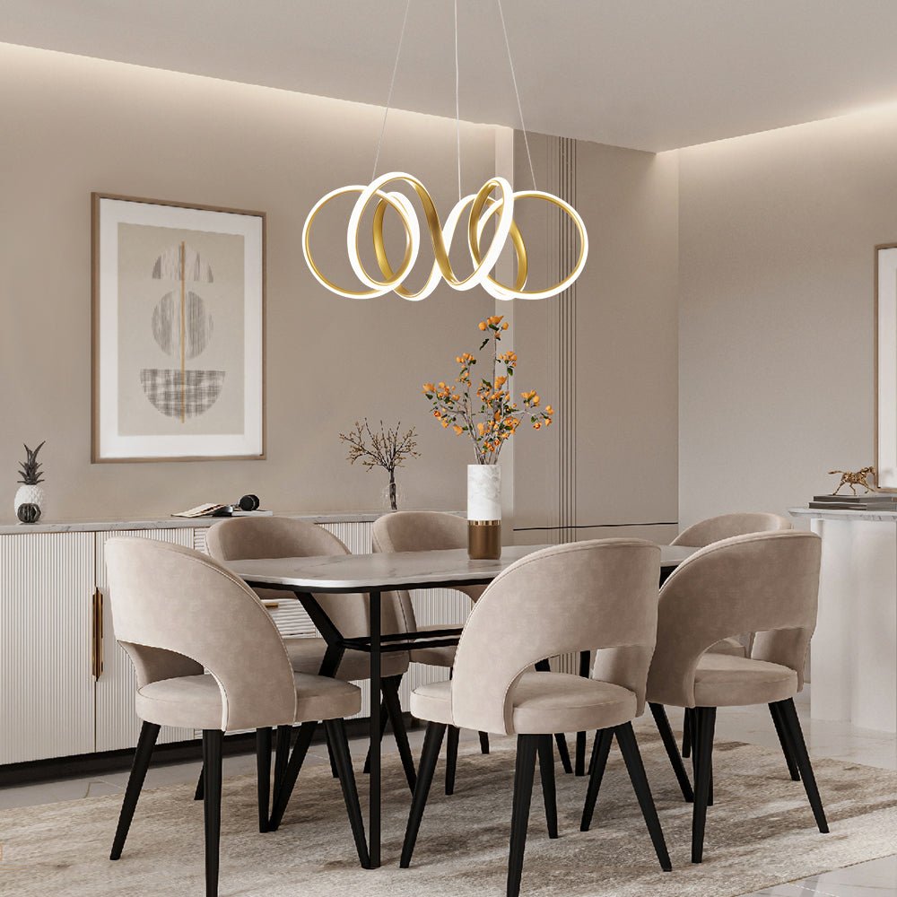 Modern Dimmable LED Curvy Loop Pendant Light, Adjustable Height Ribbon Design, Gold/Black