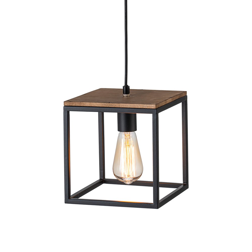 Modern Farmhouse 1-Light Square Cage Mini Pendant, Matte Black Wood Finish