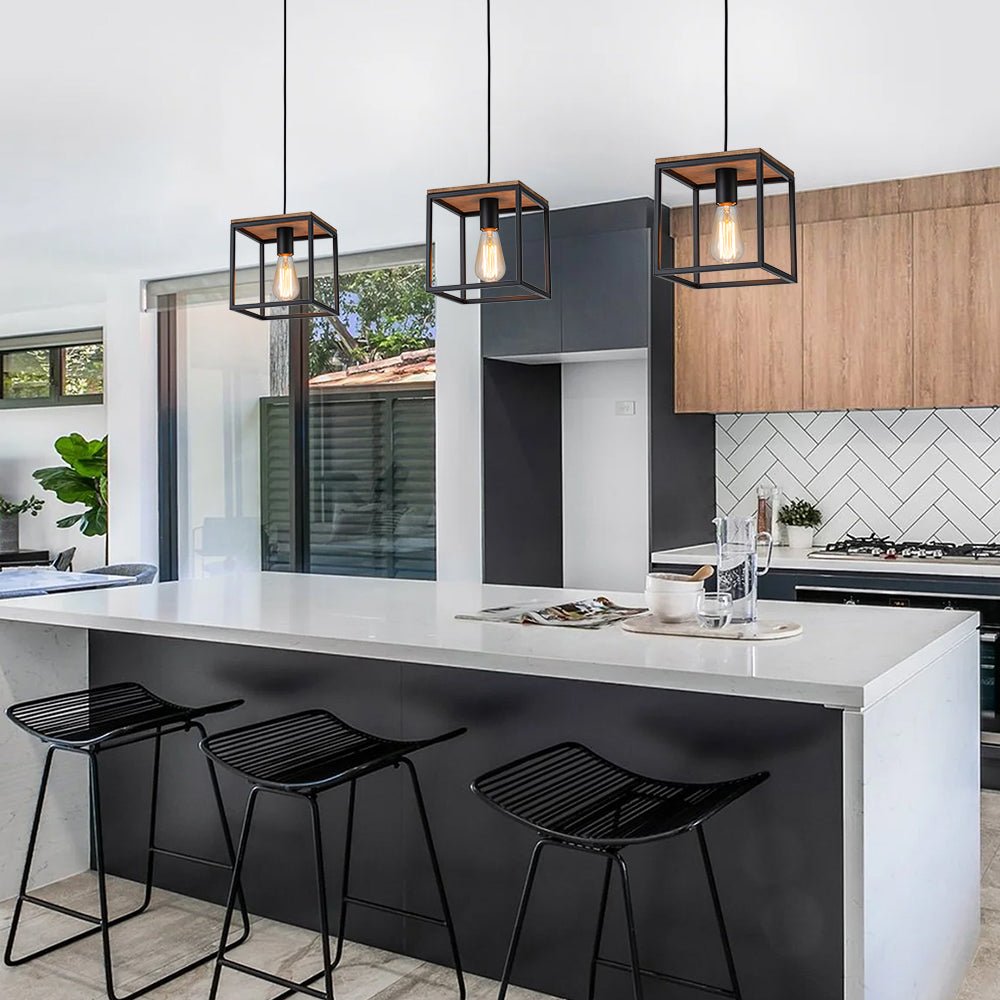 Modern Farmhouse 1-Light Square Cage Mini Pendant, Matte Black Wood Finish