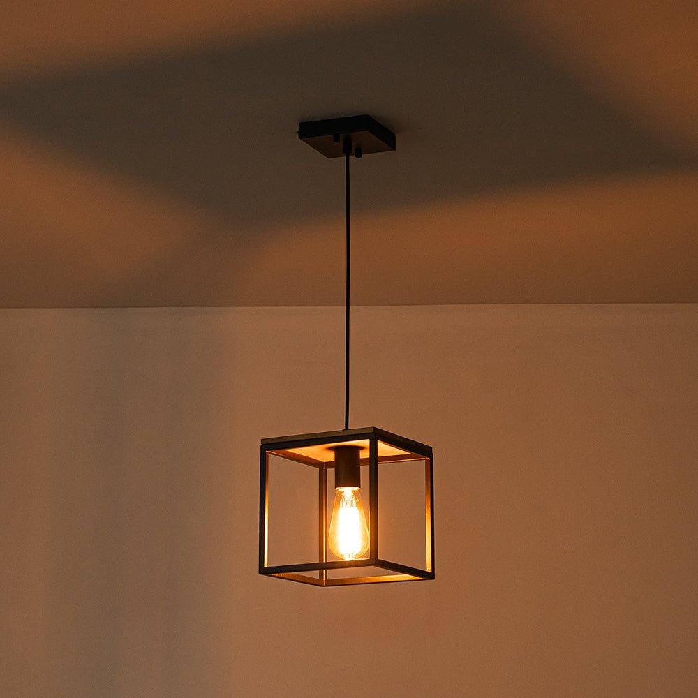 Modern Farmhouse 1-Light Square Cage Mini Pendant, Matte Black Wood Finish