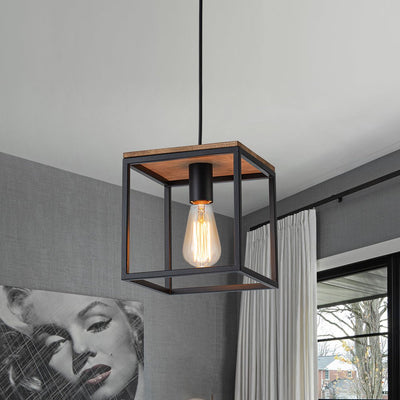 Modern Farmhouse 1-Light Square Cage Mini Pendant, Matte Black Wood Finish