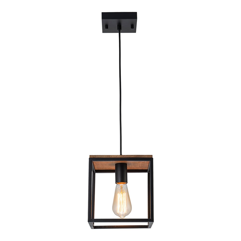 Modern Farmhouse 1-Light Square Cage Mini Pendant, Matte Black Wood Finish