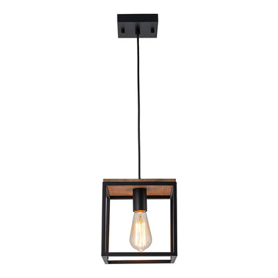 Modern Farmhouse 1-Light Square Cage Mini Pendant, Matte Black Wood Finish