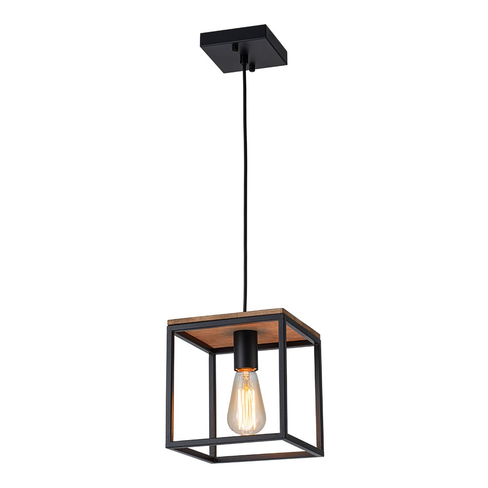 Modern Farmhouse 1-Light Square Cage Mini Pendant, Matte Black Wood Finish