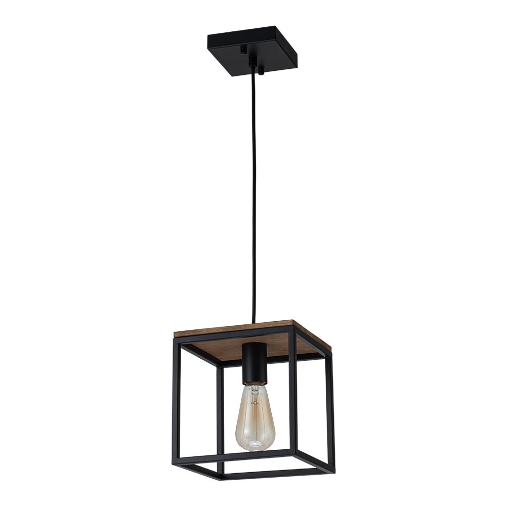 Modern Farmhouse 1-Light Square Cage Mini Pendant, Matte Black Wood Finish