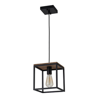 Modern Farmhouse 1-Light Square Cage Mini Pendant, Matte Black Wood Finish