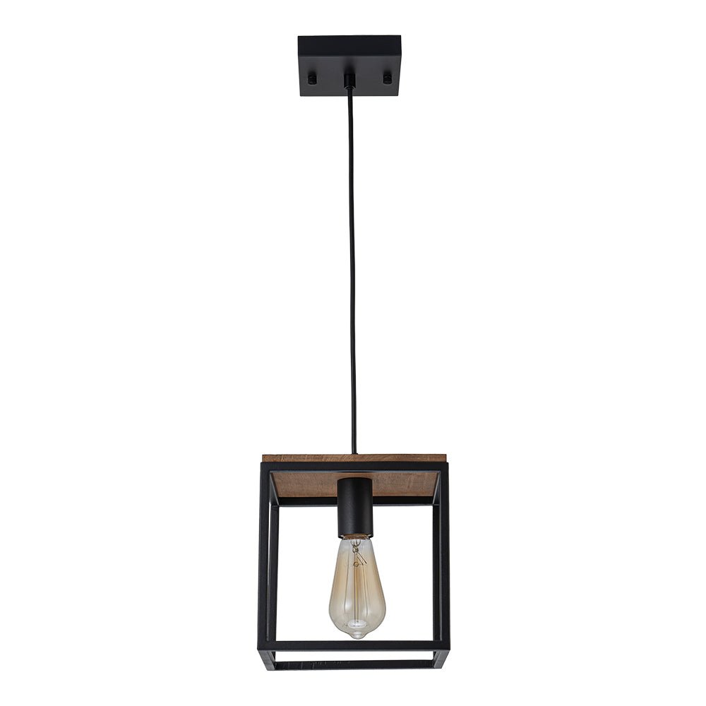 Modern Farmhouse 1-Light Square Cage Mini Pendant, Matte Black Wood Finish